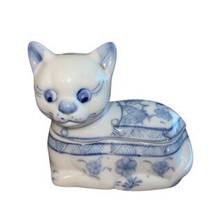 Chinese Cat Dish Jewelry Blue Ceramic Trinket Box Collectible Decor